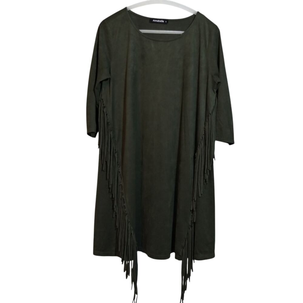 Annabelle Dark Green Faux Suede Fringe Dress Boho Western Size Small